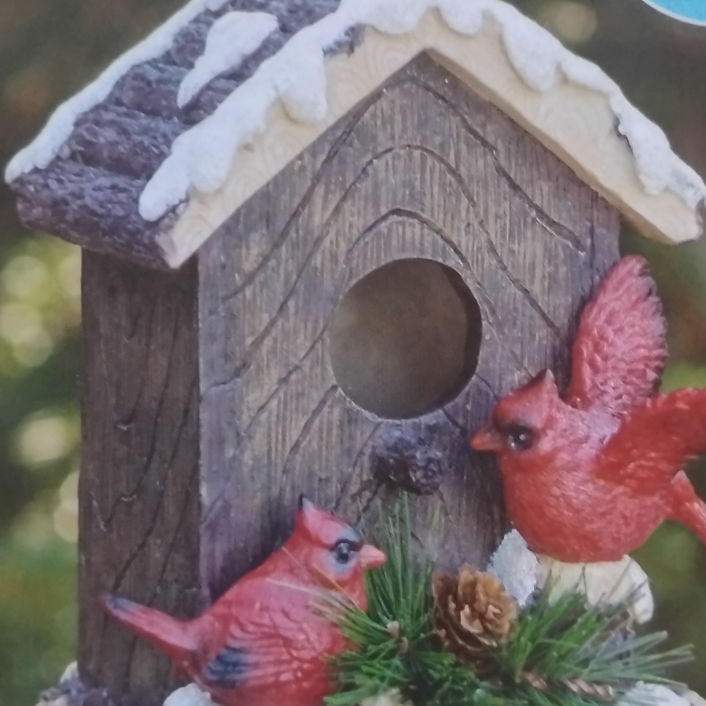 Winter Cardinals Birdhouse - Hand-Painted Brown and Red - Picture 2 of 3